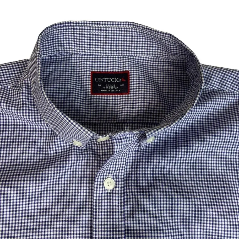 UNTUCKit Men’s Navy Blue and White Micro-Gingham Check Button-Down Size Large